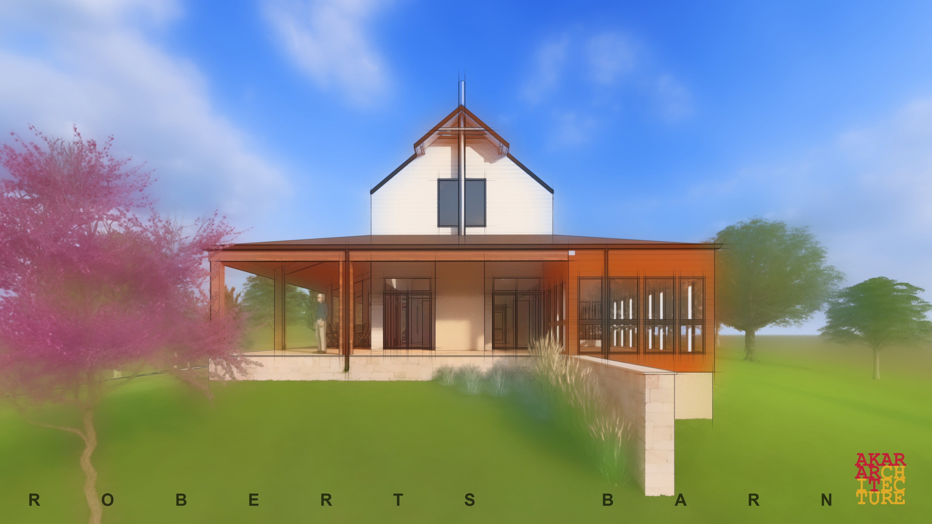 3D rendering of a modern farmhouse, with wrap around porch. Akar Architecture