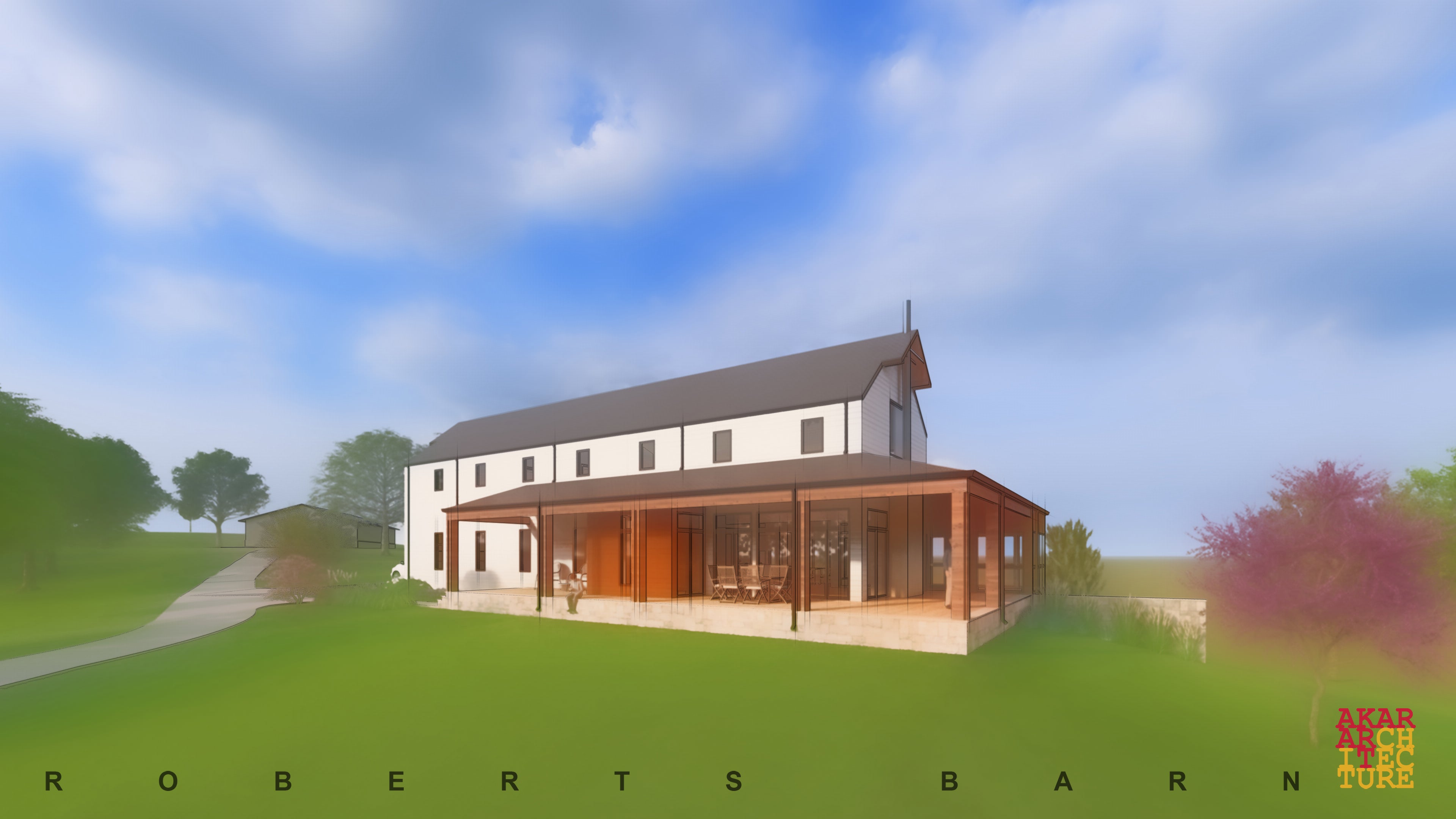 3D rendering of a modern farmhouse. Akar Architecture